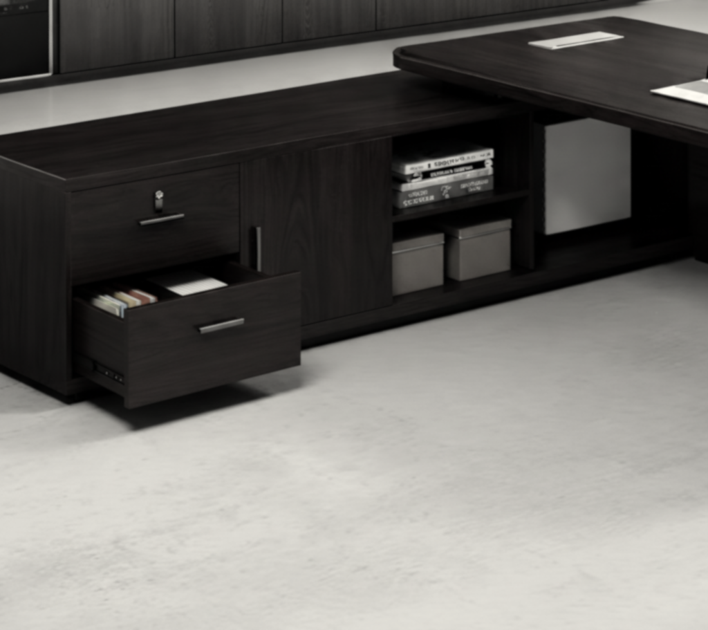 ডিরেক্টর এল-শেপ অফিস টেবিল আধুনিক ডেস্ক ড্রয়ার, রিভার্সিবল ওরিয়েন্টেশন, সিপিইউ স্টোরেজ এবং ওয়্যার ম্যানেজমেন্ট সহ পার্টিকেল বোর্ডে তৈরি