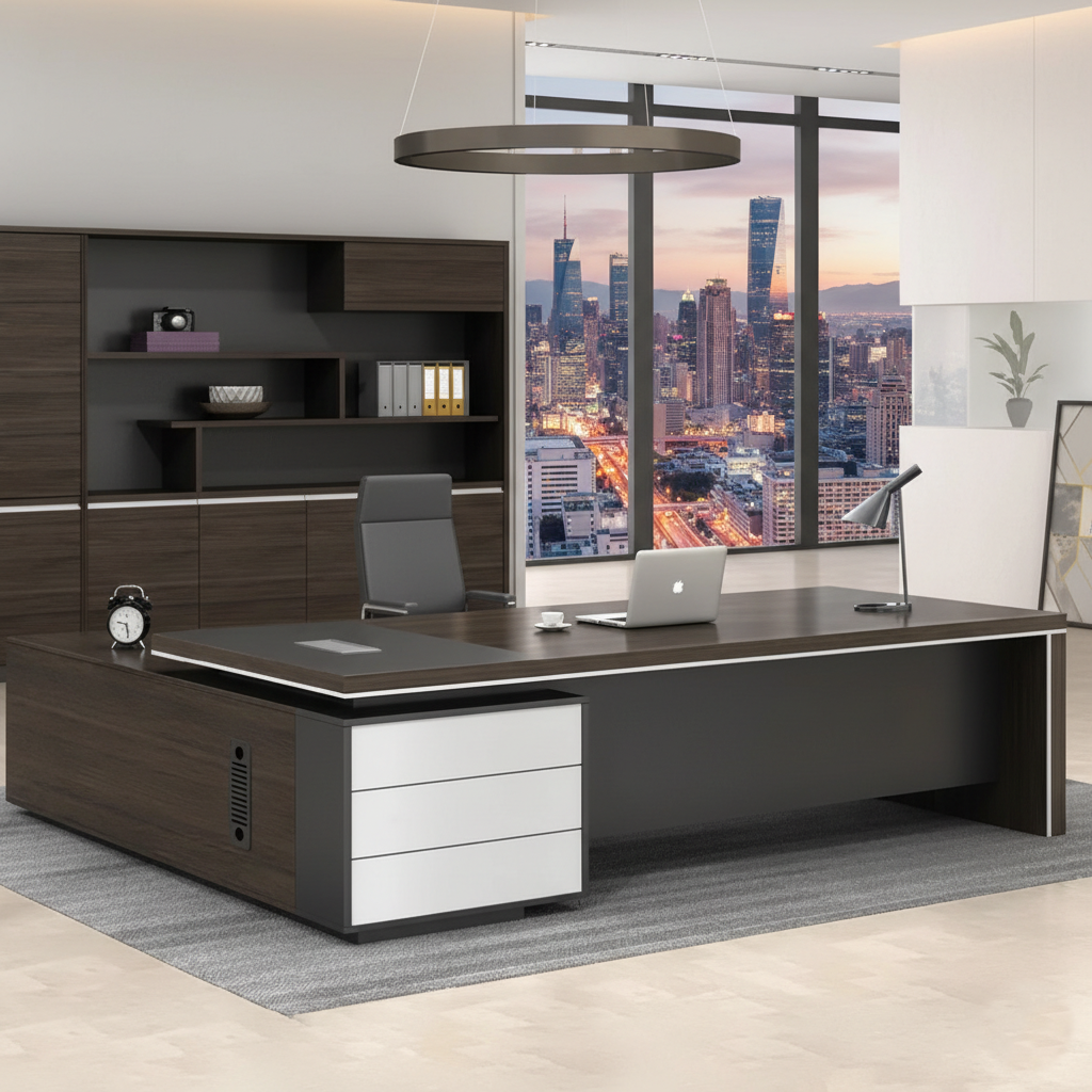 Modern Executive Director Table in Dark Brown & White Finish with Side Drawers, Spacious Worktop for Premium Office Interiors
