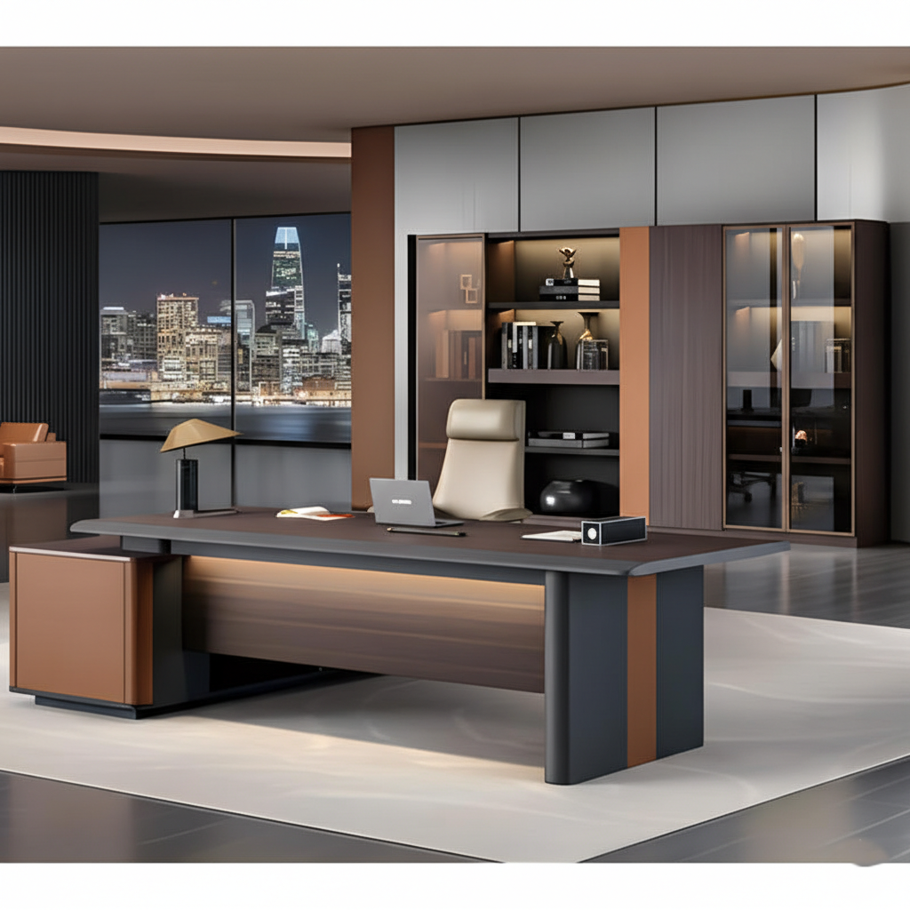 डायरेक्टर एल-आकार का ऑफिस टेबल, आधुनिक डेस्क, पार्टिकल बोर्ड से बना, दराज, रिवर्सिबल ओरिएंटेशन, सीपीयू स्टोरेज और वायर मैनेजमेंट के साथ