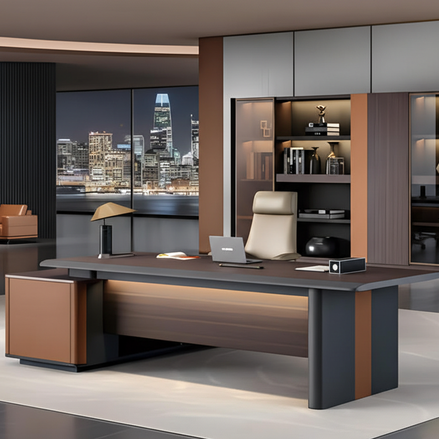 Luxury Modern Director Office Table with Integrated Storage Unit, Premium Wooden Finish, Executive Manager Desk for Corporate Office
