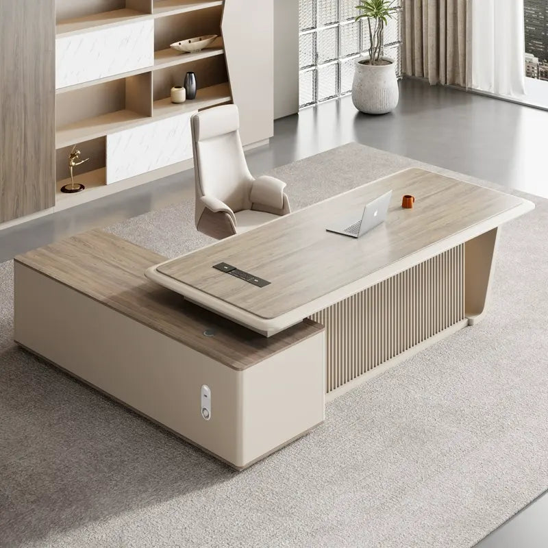 डायरेक्टर एल-आकार का ऑफिस टेबल, आधुनिक डेस्क, पार्टिकल बोर्ड से बना, दराज, रिवर्सिबल ओरिएंटेशन, सीपीयू स्टोरेज और वायर मैनेजमेंट के साथ