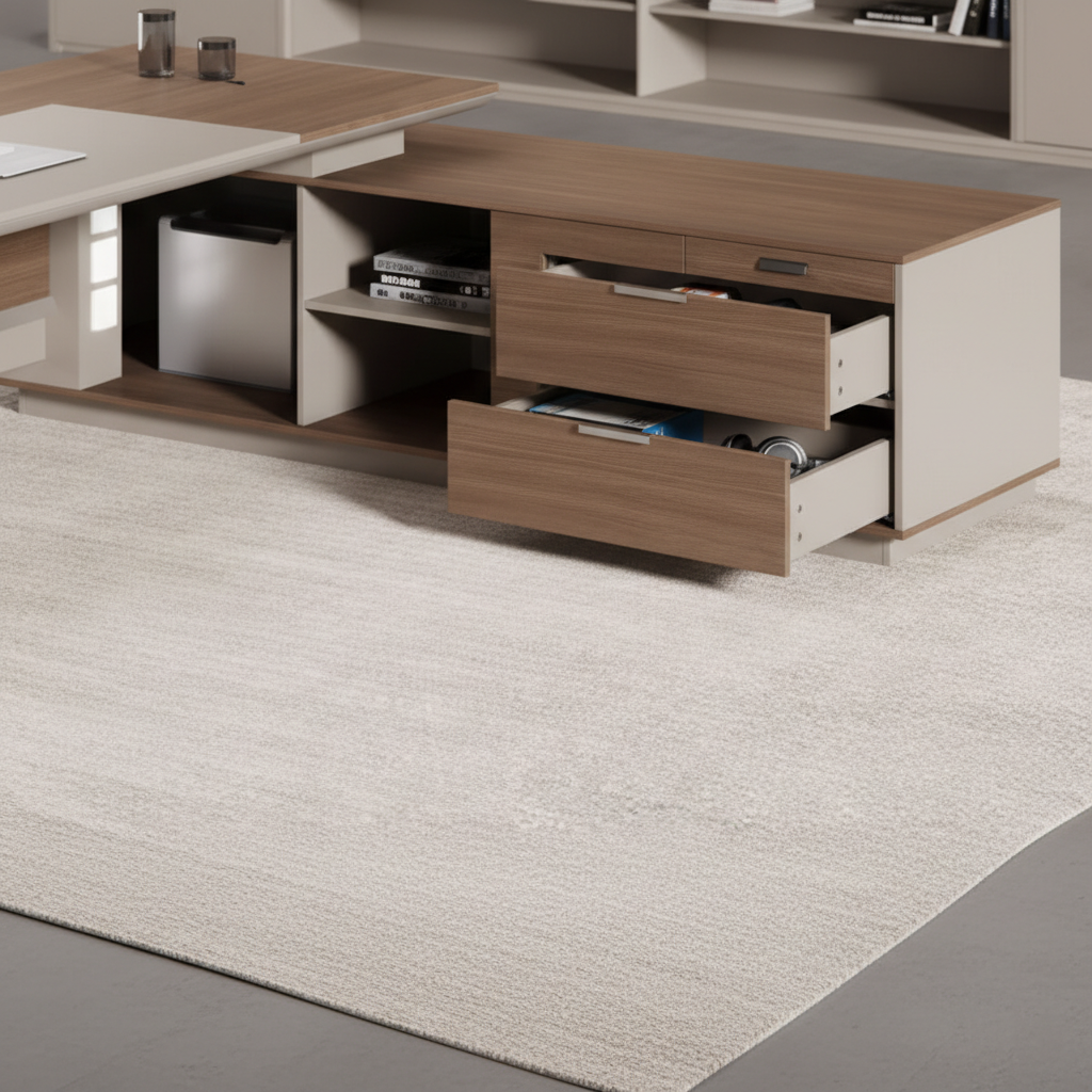 डायरेक्टर एल-आकार का ऑफिस टेबल, आधुनिक डेस्क, पार्टिकल बोर्ड से बना, दराज, रिवर्सिबल ओरिएंटेशन, सीपीयू स्टोरेज और वायर मैनेजमेंट के साथ