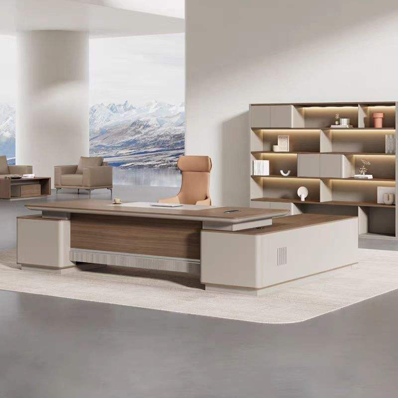 डायरेक्टर एल-आकार का ऑफिस टेबल, आधुनिक डेस्क, पार्टिकल बोर्ड से बना, दराज, रिवर्सिबल ओरिएंटेशन, सीपीयू स्टोरेज और वायर मैनेजमेंट के साथ