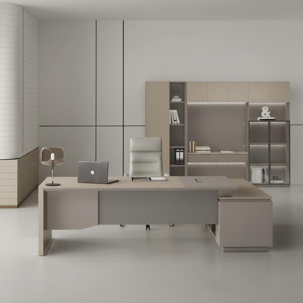 डायरेक्टर एल-आकार का ऑफिस टेबल, आधुनिक डेस्क, पार्टिकल बोर्ड से बना, दराज, रिवर्सिबल ओरिएंटेशन, सीपीयू स्टोरेज और वायर मैनेजमेंट के साथ