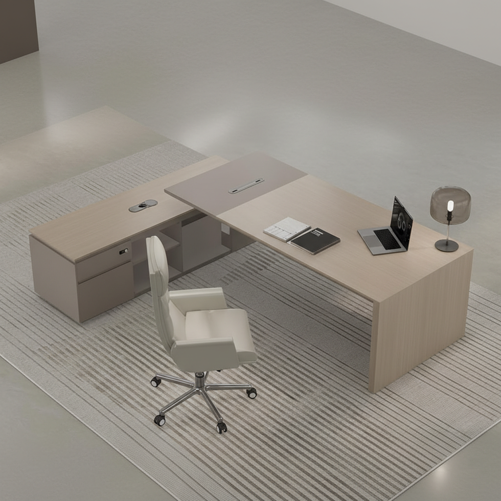 डायरेक्टर एल-आकार का ऑफिस टेबल, आधुनिक डेस्क, पार्टिकल बोर्ड से बना, दराज, रिवर्सिबल ओरिएंटेशन, सीपीयू स्टोरेज और वायर मैनेजमेंट के साथ