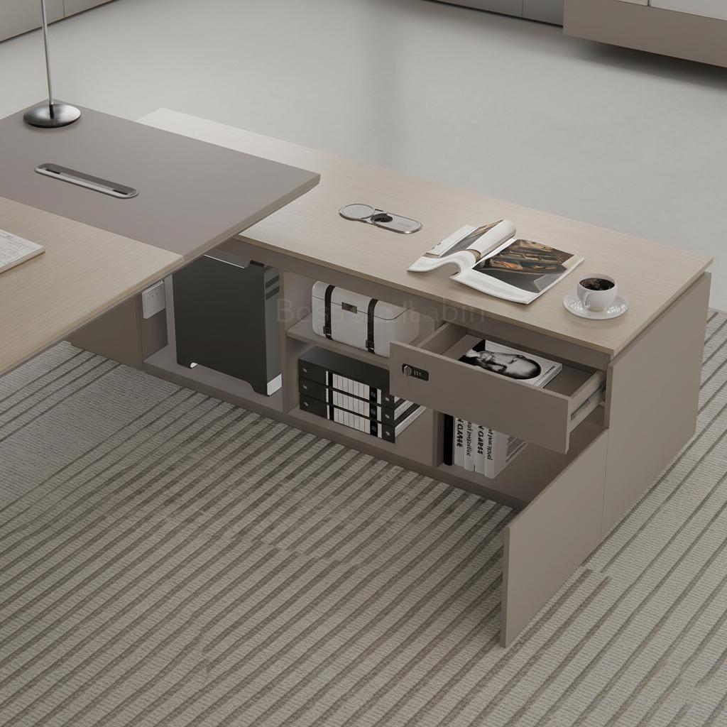 डायरेक्टर एल-आकार का ऑफिस टेबल, आधुनिक डेस्क, पार्टिकल बोर्ड से बना, दराज, रिवर्सिबल ओरिएंटेशन, सीपीयू स्टोरेज और वायर मैनेजमेंट के साथ