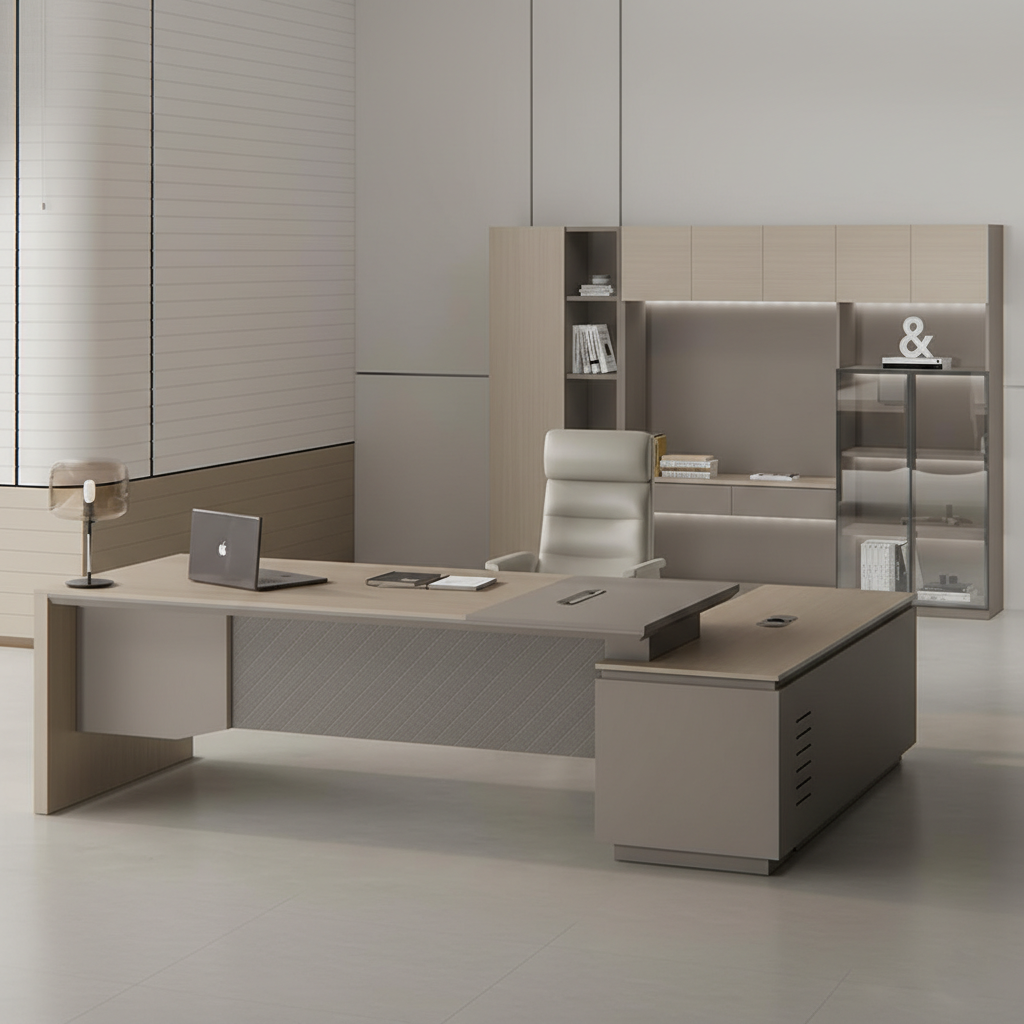 डायरेक्टर एल-आकार का ऑफिस टेबल, आधुनिक डेस्क, पार्टिकल बोर्ड से बना, दराज, रिवर्सिबल ओरिएंटेशन, सीपीयू स्टोरेज और वायर मैनेजमेंट के साथ