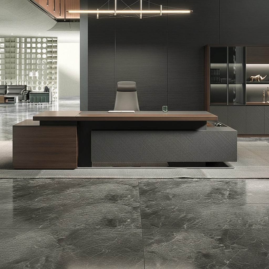 डायरेक्टर एल-आकार का ऑफिस टेबल, आधुनिक डेस्क, पार्टिकल बोर्ड से बना, दराज, रिवर्सिबल ओरिएंटेशन, सीपीयू स्टोरेज और वायर मैनेजमेंट के साथ