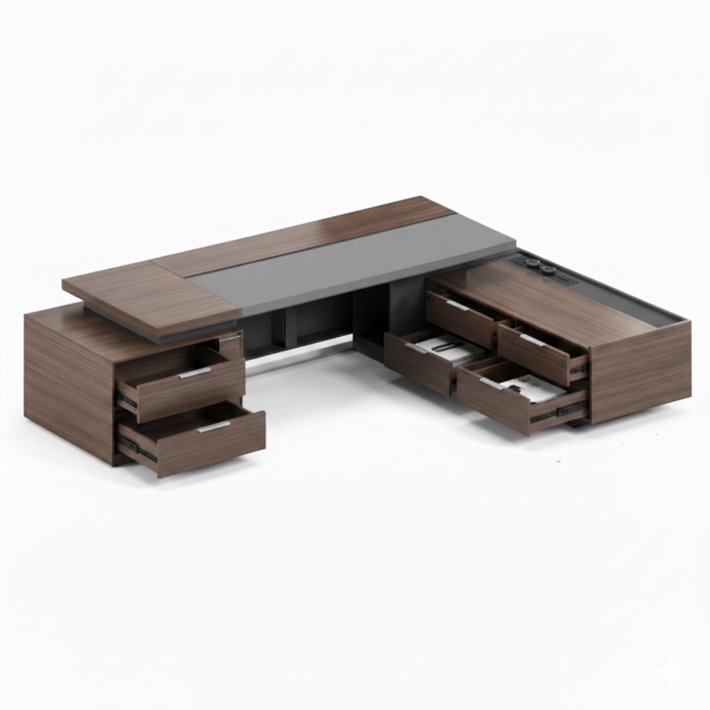 Luxury Modern Director Office Table with Integrated Side Unit, Dark Wood Top & Textured Front Panel, Premium Executive Desk