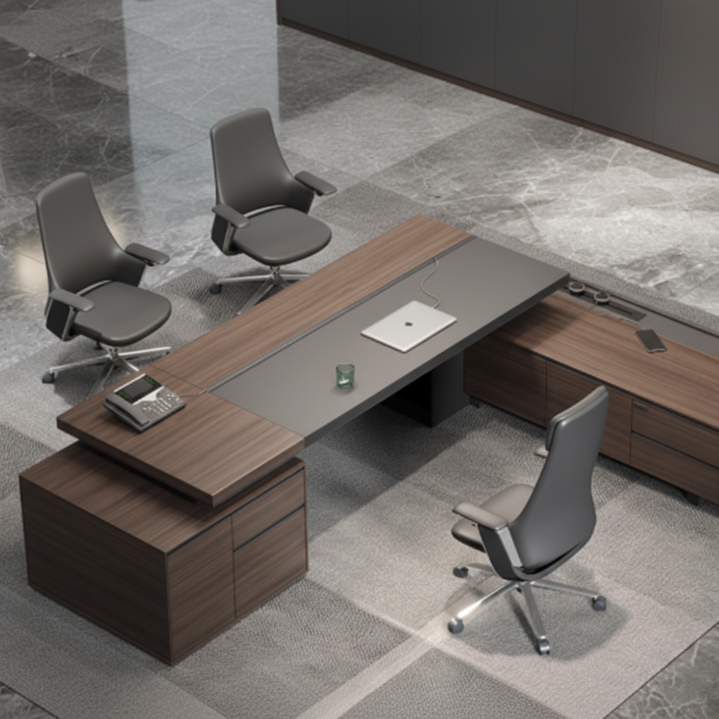 Luxury Modern Director Office Table with Integrated Side Unit, Dark Wood Top & Textured Front Panel, Premium Executive Desk