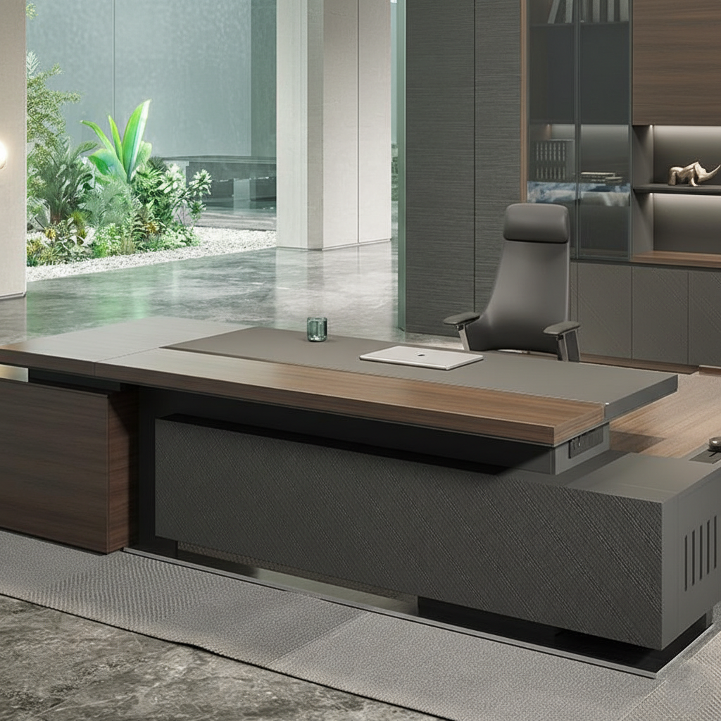 Luxury Modern Director Office Table with Integrated Side Unit, Dark Wood Top & Textured Front Panel, Premium Executive Desk