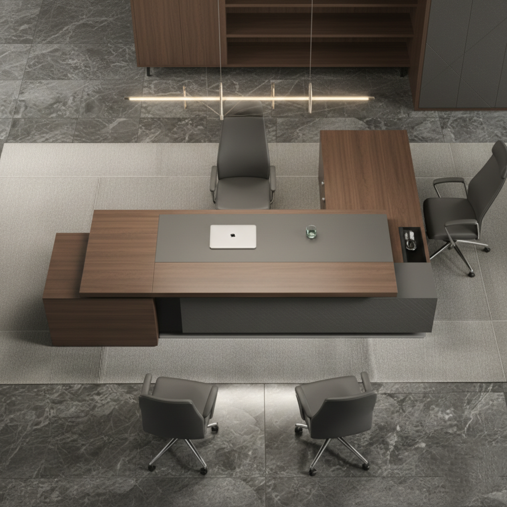 Luxury Modern Director Office Table with Integrated Side Unit, Dark Wood Top & Textured Front Panel, Premium Executive Desk