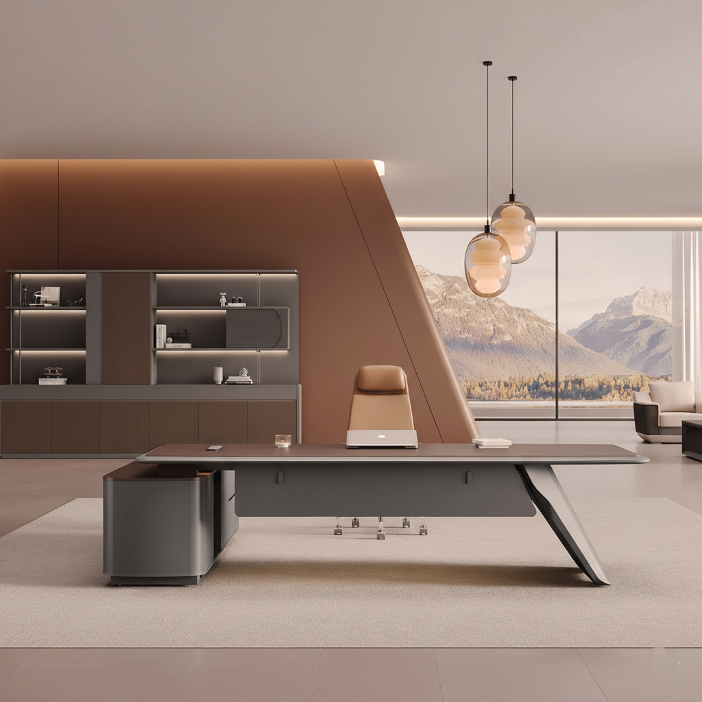 डायरेक्टर एल-आकार का ऑफिस टेबल, आधुनिक डेस्क, पार्टिकल बोर्ड से बना, दराज, रिवर्सिबल ओरिएंटेशन, सीपीयू स्टोरेज और वायर मैनेजमेंट के साथ