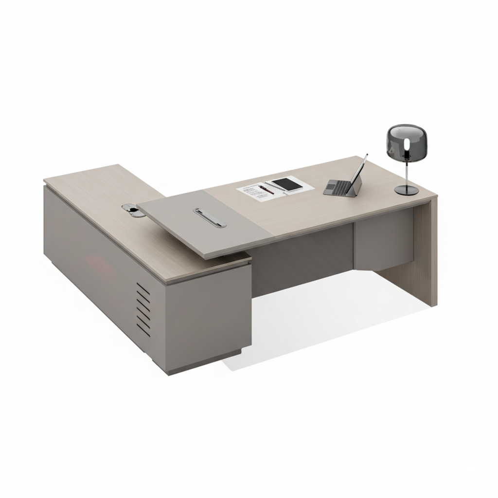 Luxury Modern Director Office Table with Integrated Side Unit, Dark Wood Top & Textured Front Panel, Premium Executive Desk