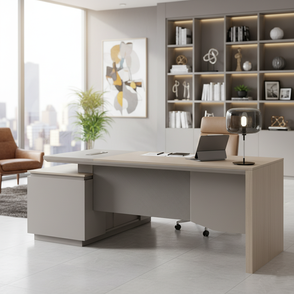 डायरेक्टर एल-आकार का ऑफिस टेबल, आधुनिक डेस्क, पार्टिकल बोर्ड से बना, दराज, रिवर्सिबल ओरिएंटेशन, सीपीयू स्टोरेज और वायर मैनेजमेंट के साथ