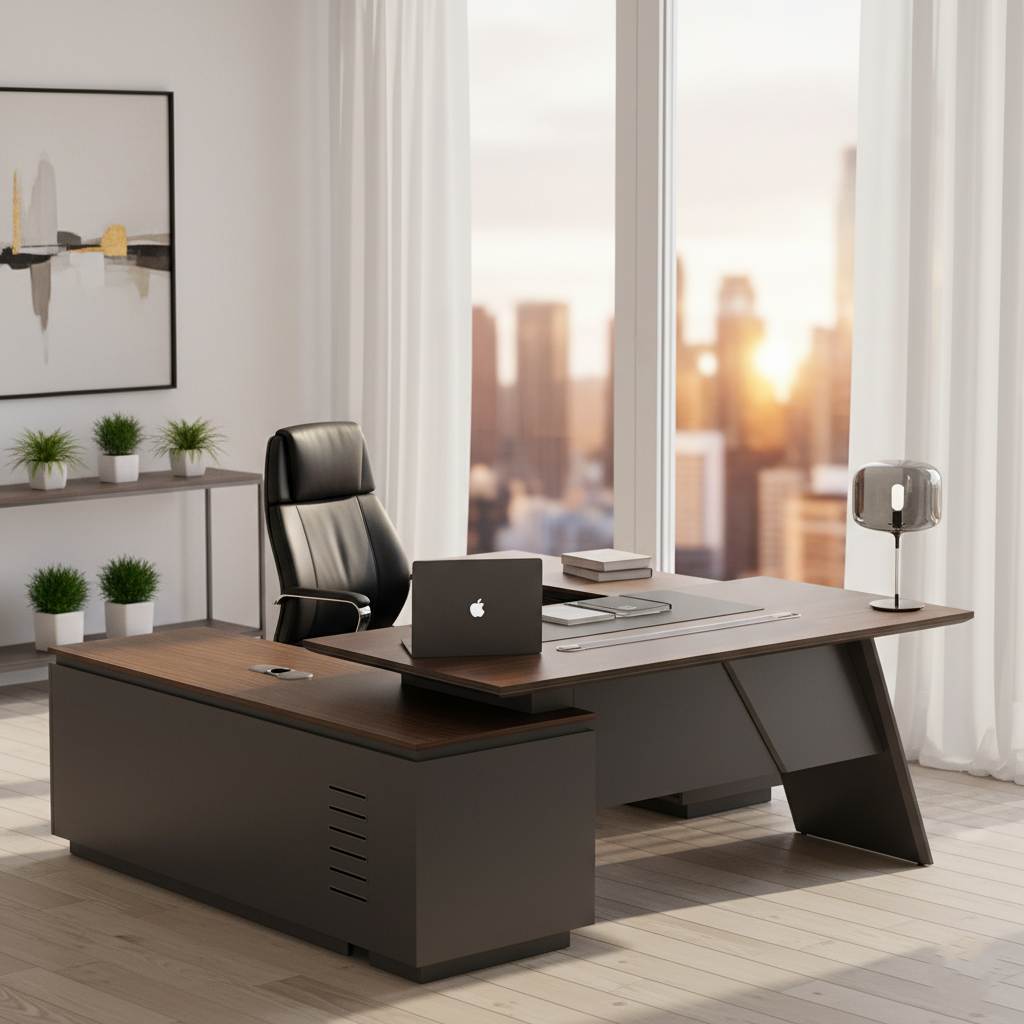 डायरेक्टर एल-आकार का ऑफिस टेबल, आधुनिक डेस्क, पार्टिकल बोर्ड से बना, दराज, रिवर्सिबल ओरिएंटेशन, सीपीयू स्टोरेज और वायर मैनेजमेंट के साथ