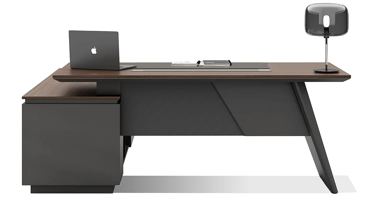 Modern L-Shape Director Office Table with Integrated Side Storage, Premium Walnut Wood Top & Graphite Finish, Executive Desk