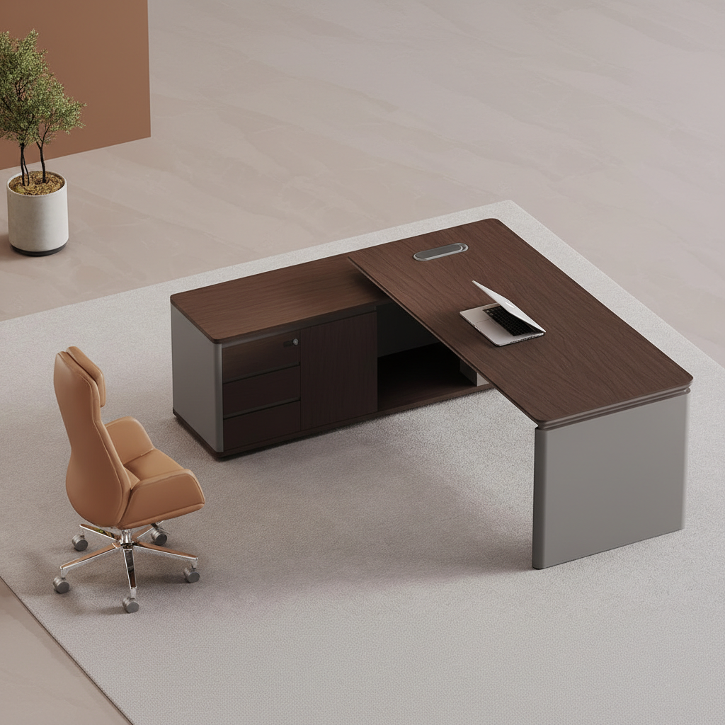 Premium Modern Director Office Table with Dark Wood Finish & Fluted Front Panel, Executive Desk for Corporate Office