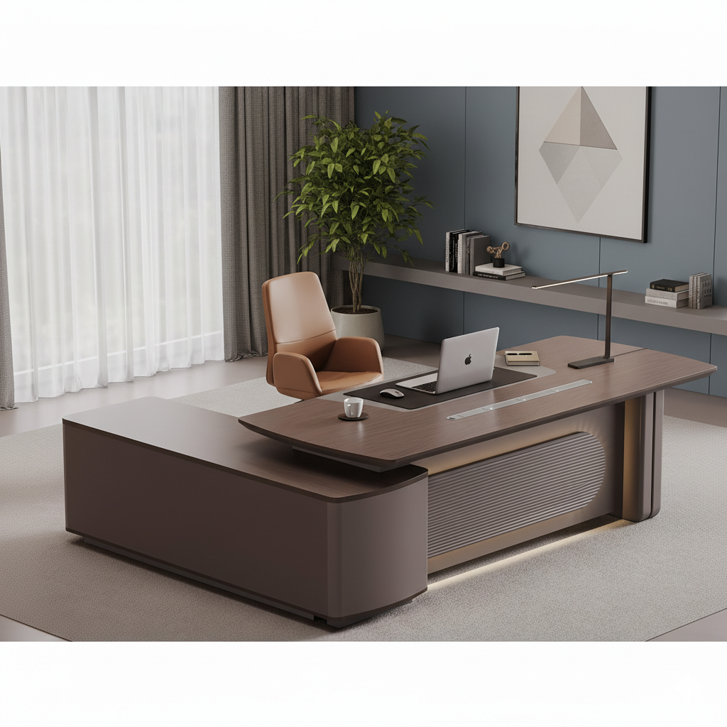 Luxury Handcrafted L-Shape Director Table with Wooden Finish, Storage Unit & Premium Executive Design