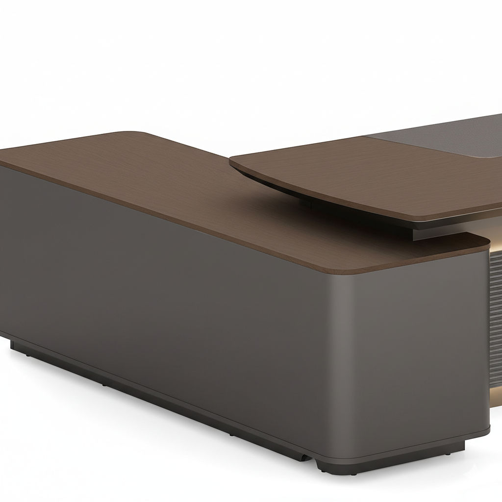 ডিরেক্টর এল-শেপ অফিস টেবিল আধুনিক ডেস্ক ড্রয়ার, রিভার্সিবল ওরিয়েন্টেশন, সিপিইউ স্টোরেজ এবং ওয়্যার ম্যানেজমেন্ট সহ পার্টিকেল বোর্ডে তৈরি