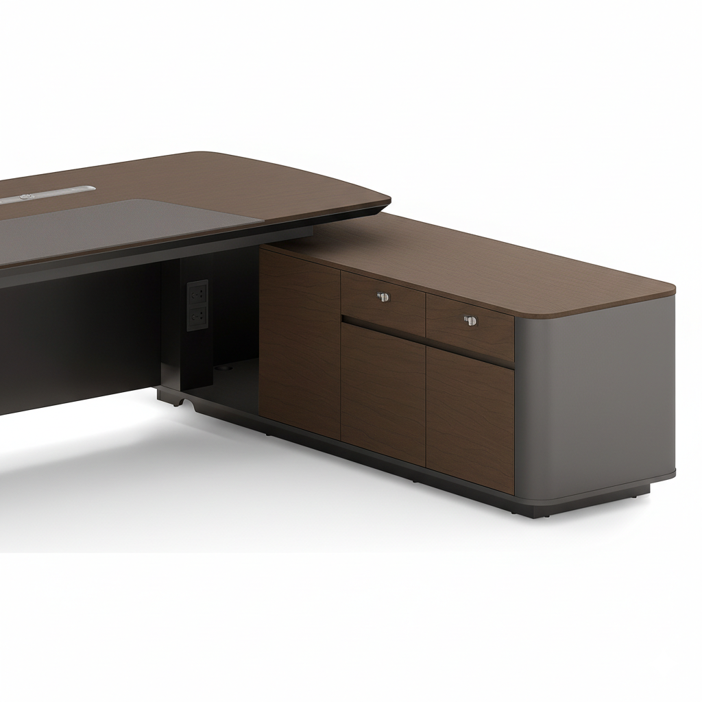 ডিরেক্টর এল-শেপ অফিস টেবিল আধুনিক ডেস্ক ড্রয়ার, রিভার্সিবল ওরিয়েন্টেশন, সিপিইউ স্টোরেজ এবং ওয়্যার ম্যানেজমেন্ট সহ পার্টিকেল বোর্ডে তৈরি