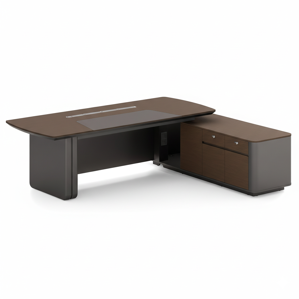 ডিরেক্টর এল-শেপ অফিস টেবিল আধুনিক ডেস্ক ড্রয়ার, রিভার্সিবল ওরিয়েন্টেশন, সিপিইউ স্টোরেজ এবং ওয়্যার ম্যানেজমেন্ট সহ পার্টিকেল বোর্ডে তৈরি