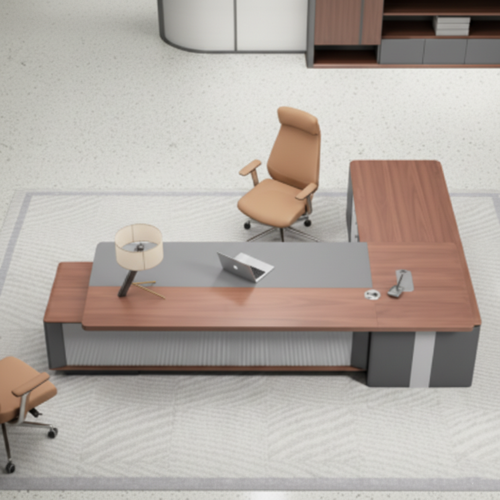 Premium Handcrafted Director Table with Wooden Top, Ribbed Modesty Panel, Side Storage & Contemporary Executive Office Design