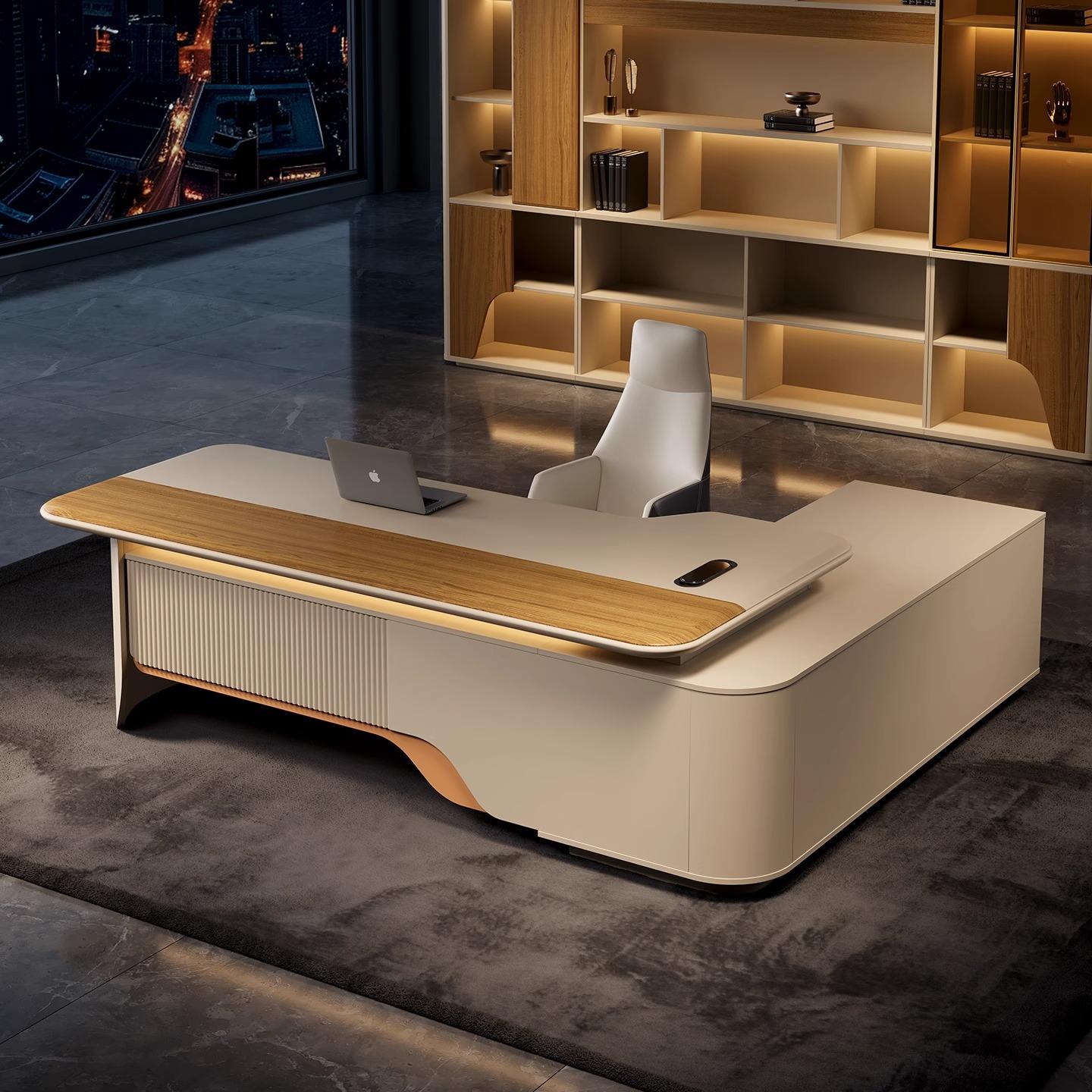 Luxury Modern Director Table with Curved Design, Integrated Side Unit, Cable Management & Premium Wood Finish for Executive Office