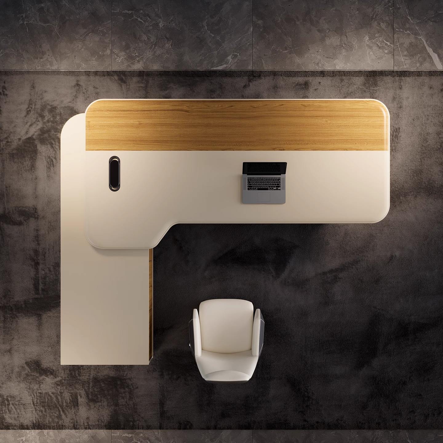 Luxury Modern Director Table with Curved Design, Integrated Side Unit, Cable Management & Premium Wood Finish for Executive Office