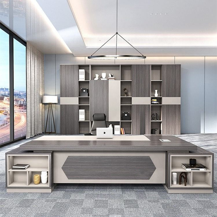 Modern Executive Director Table with L-Shape Design, Open Storage & Premium Grey Wood Finish for Corporate Office