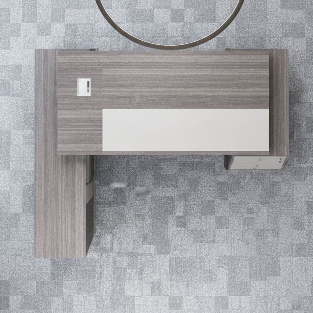 Modern Executive Director Table with L-Shape Design, Open Storage & Premium Grey Wood Finish for Corporate Office