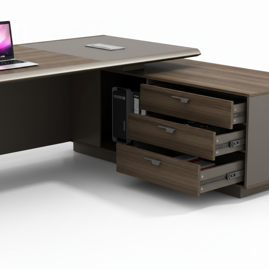 Luxury Executive Director Table with Integrated Side Storage, Wide Worktop & Premium Wood Finish for Modern Corporate Offices