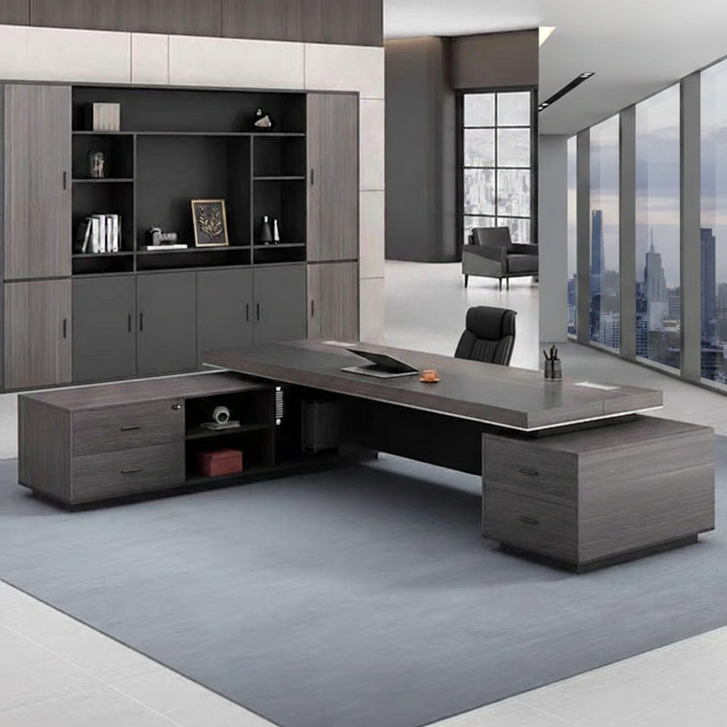 Premium Modern L-Shaped Director Table with Matte Grey Wood Finish, Built-In Wire Managert & Executive Contemporary Design