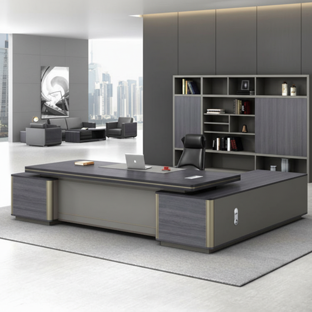 Premium Modern L-Shaped Director Table with Matte Grey Wood Finish, Built-In Wire Managert & Executive Contemporary Design