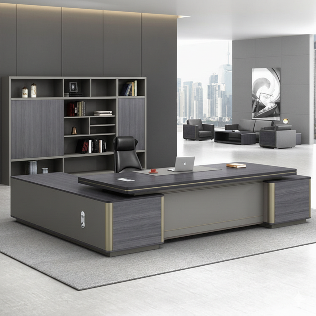 Premium Modern L-Shaped Director Table with Matte Grey Wood Finish, Built-In Wire Managert & Executive Contemporary Design