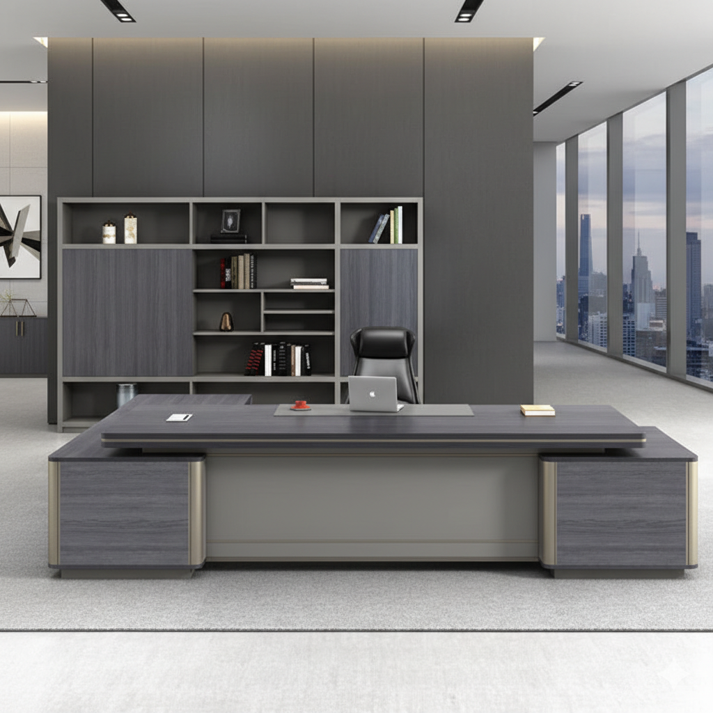 Premium Modern L-Shaped Director Table with Matte Grey Wood Finish, Built-In Wire Managert & Executive Contemporary Design