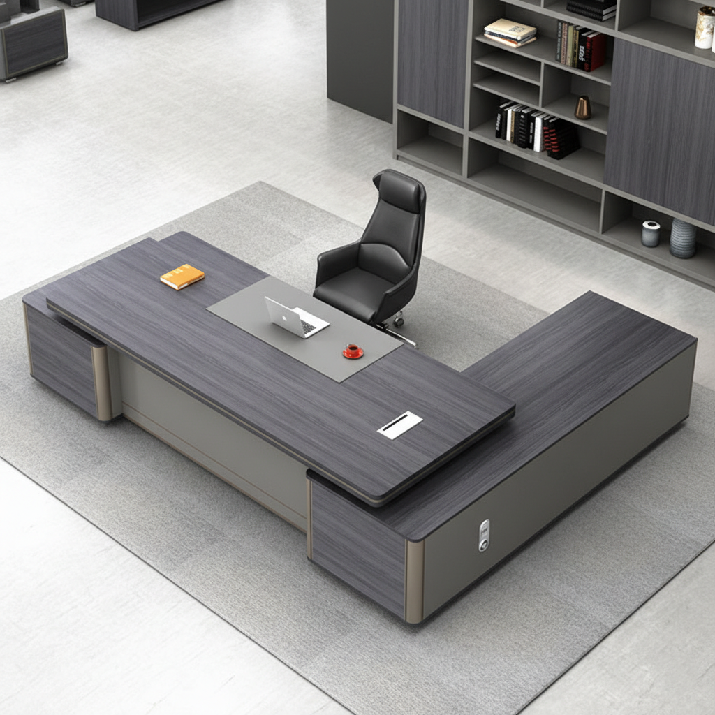 Premium Modern L-Shaped Director Table with Matte Grey Wood Finish, Built-In Wire Managert & Executive Contemporary Design