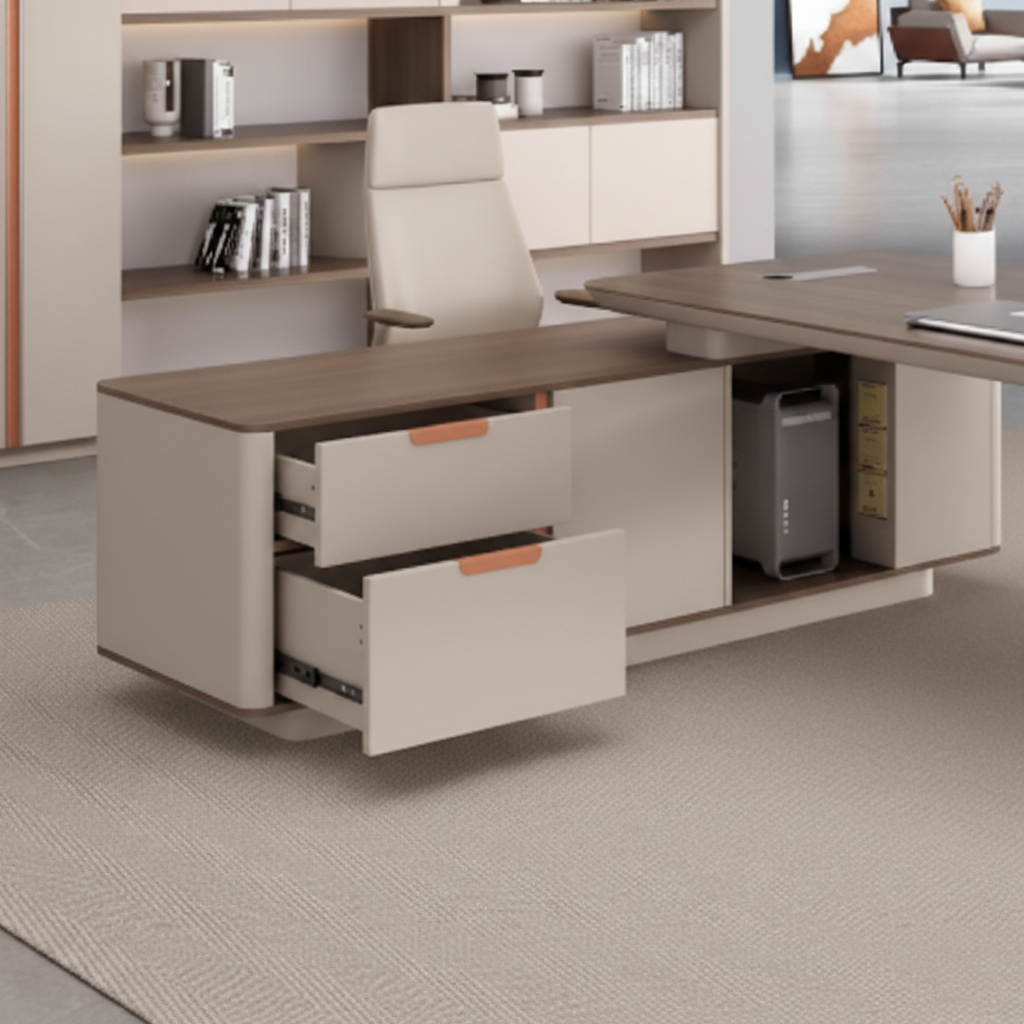 Luxury Modern Director Table with Curved Sculpted Base - Light Woodgrain Top, Matte Ivory Finish, Integrated Modesty Panel & Premium CEO Office