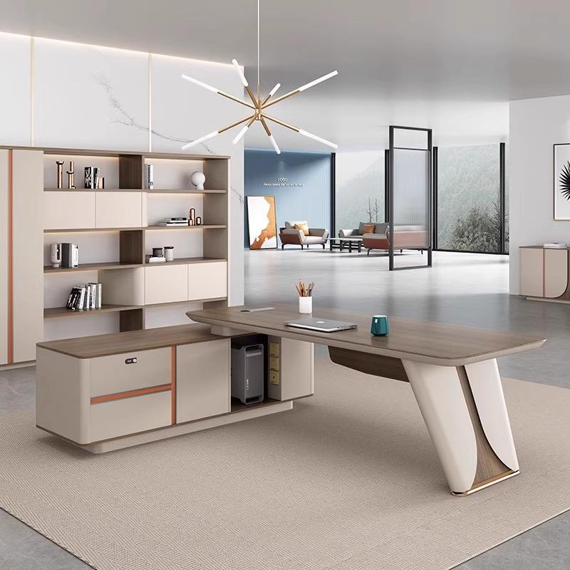 Luxury Modern Director Table with Curved Sculpted Base - Light Woodgrain Top, Matte Ivory Finish, Integrated Modesty Panel & Premium CEO Office