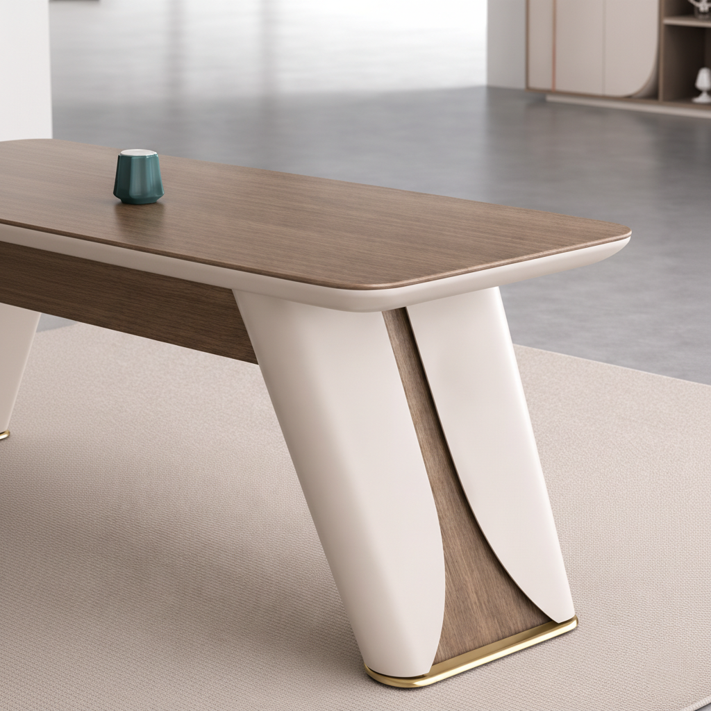 Luxury Modern Director Table with Curved Sculpted Base - Light Woodgrain Top, Matte Ivory Finish, Integrated Modesty Panel & Premium CEO Office