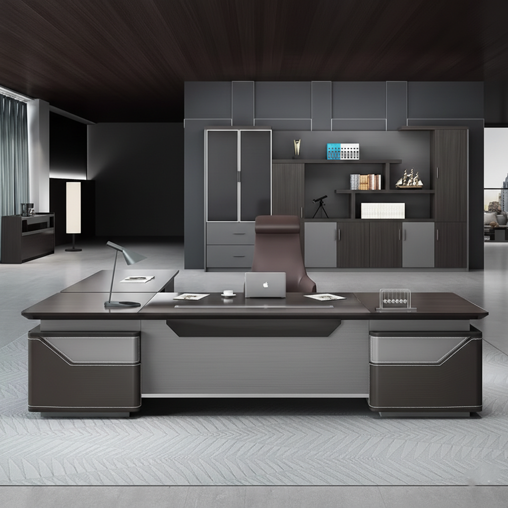 Luxury Modern Executive Director Table with Integrated Storage, Premium Wood Finish, Sleek Panel Design & Spacious Work Surface for Corporate Offices