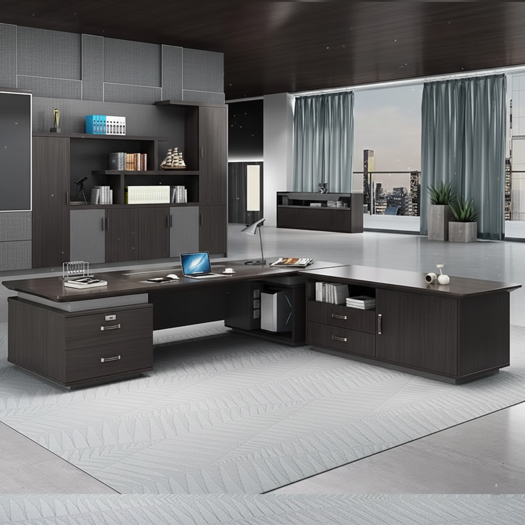 Luxury Modern Executive Director Table with Integrated Storage, Premium Wood Finish, Sleek Panel Design & Spacious Work Surface for Corporate Offices