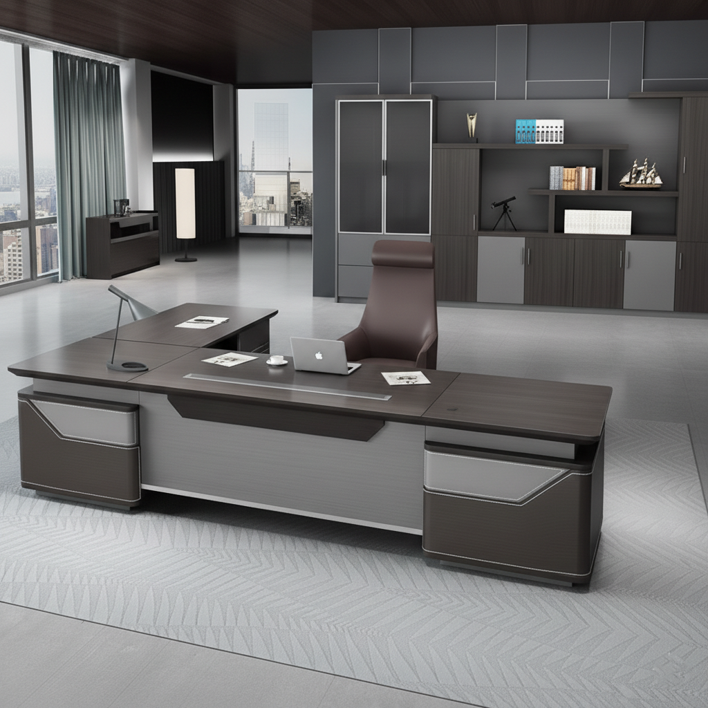 Luxury Modern Executive Director Table with Integrated Storage, Premium Wood Finish, Sleek Panel Design & Spacious Work Surface for Corporate Offices