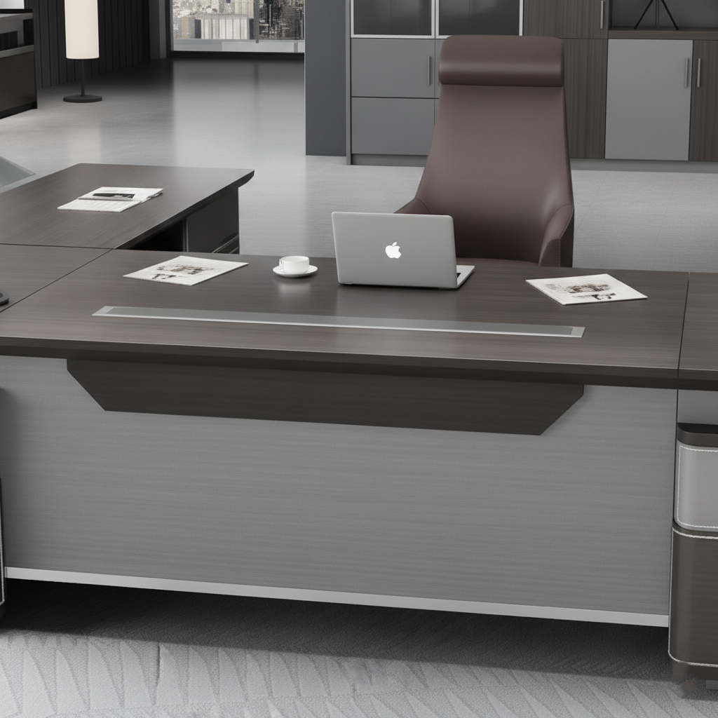 Luxury Modern Executive Director Table with Integrated Storage, Premium Wood Finish, Sleek Panel Design & Spacious Work Surface for Corporate Offices