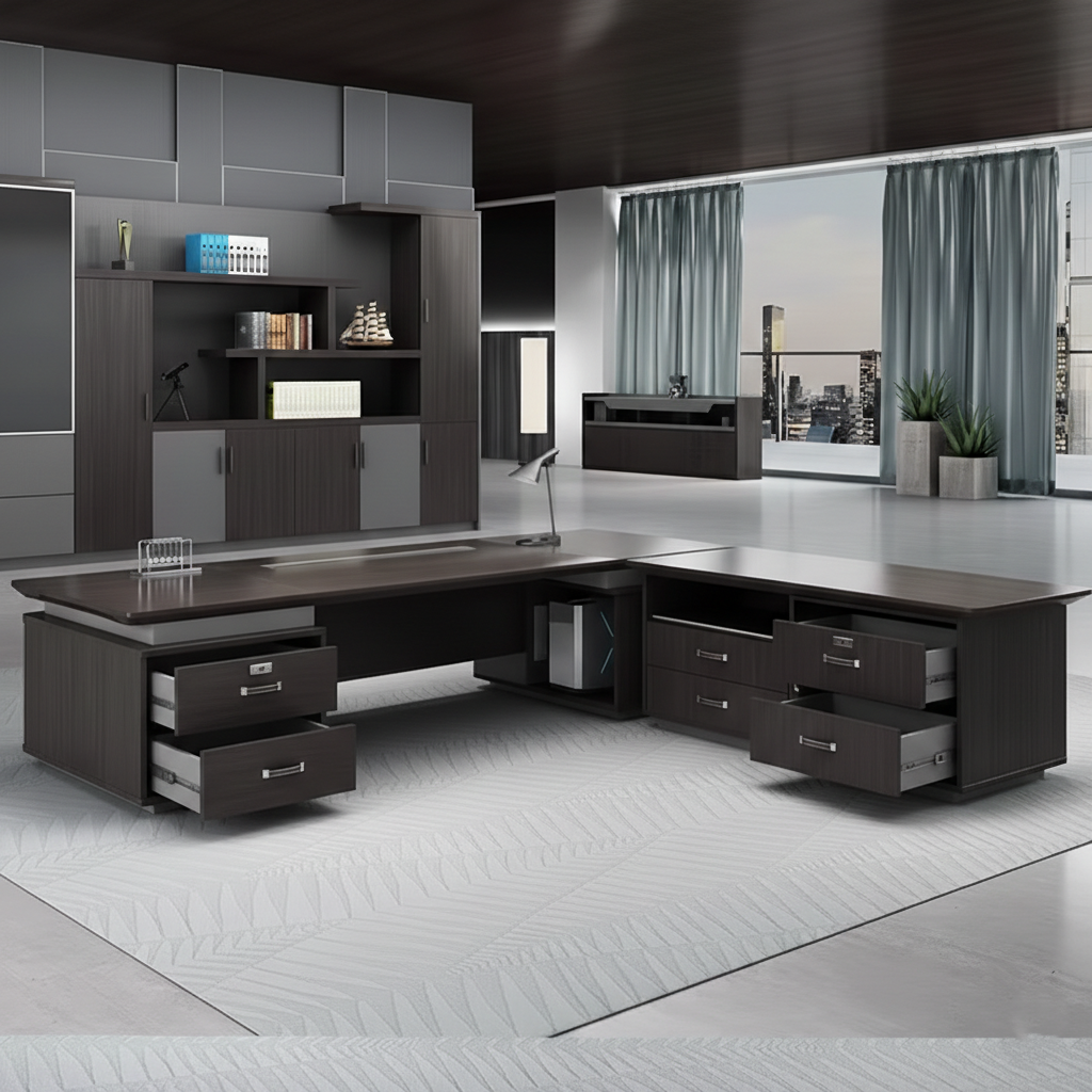 Luxury Modern Executive Director Table with Integrated Storage, Premium Wood Finish, Sleek Panel Design & Spacious Work Surface for Corporate Offices