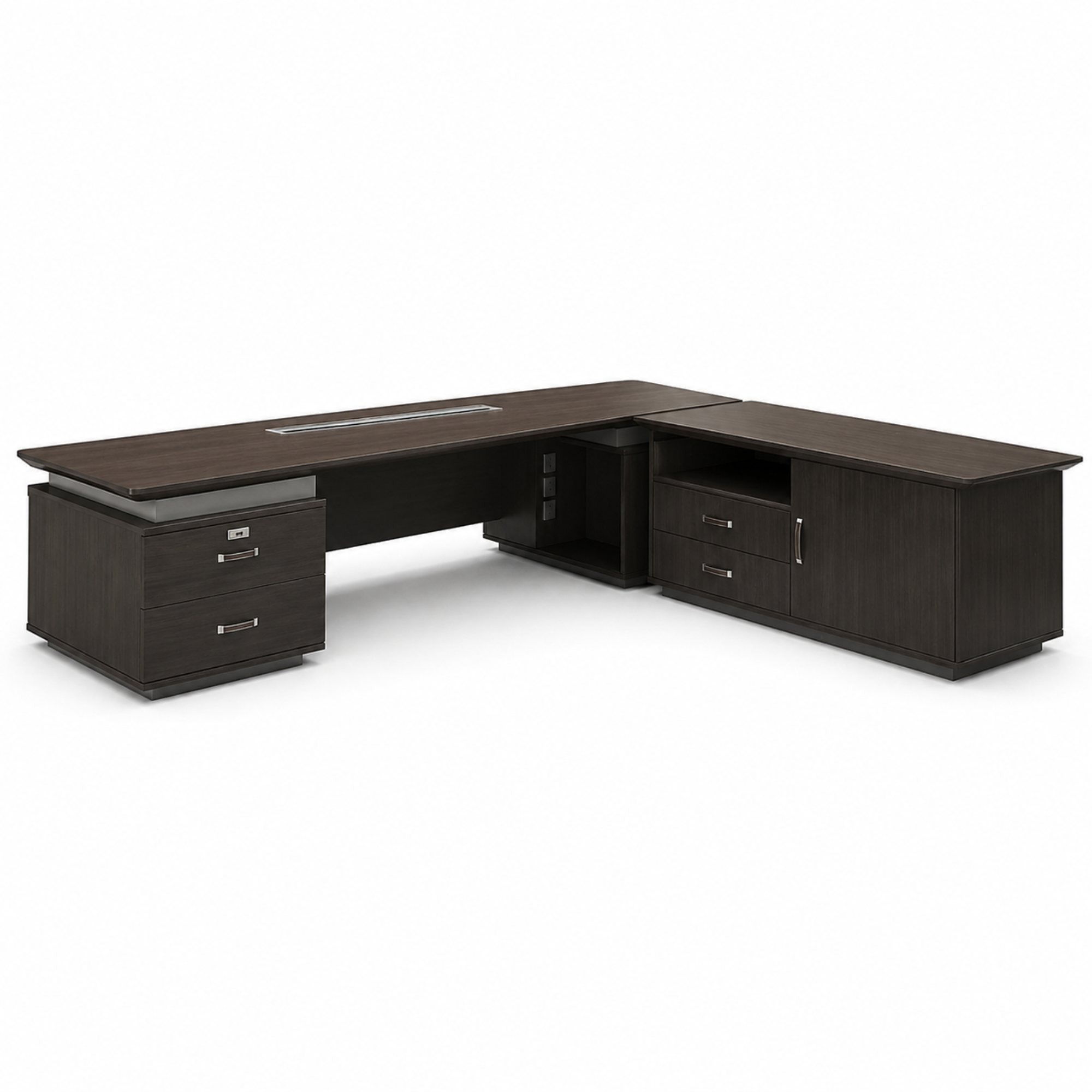 Luxury Modern Executive Director Table with Integrated Storage, Premium Wood Finish, Sleek Panel Design & Spacious Work Surface for Corporate Offices