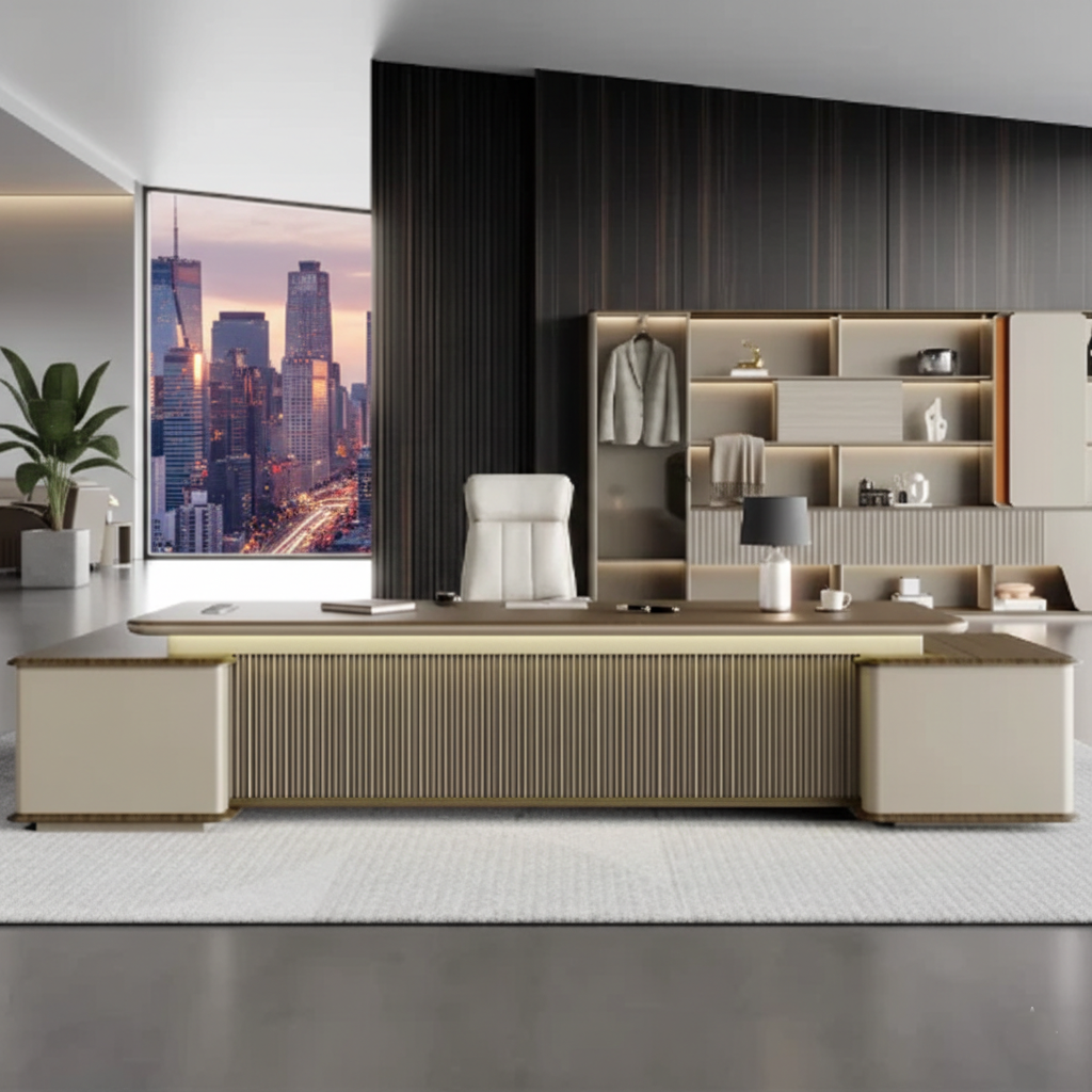 Luxury L-Shape Director Table for CEO Cabin and Premium Executive Office Desk with Walnut Finish - Soft-Edge Design & Integrated Side Storage Unit