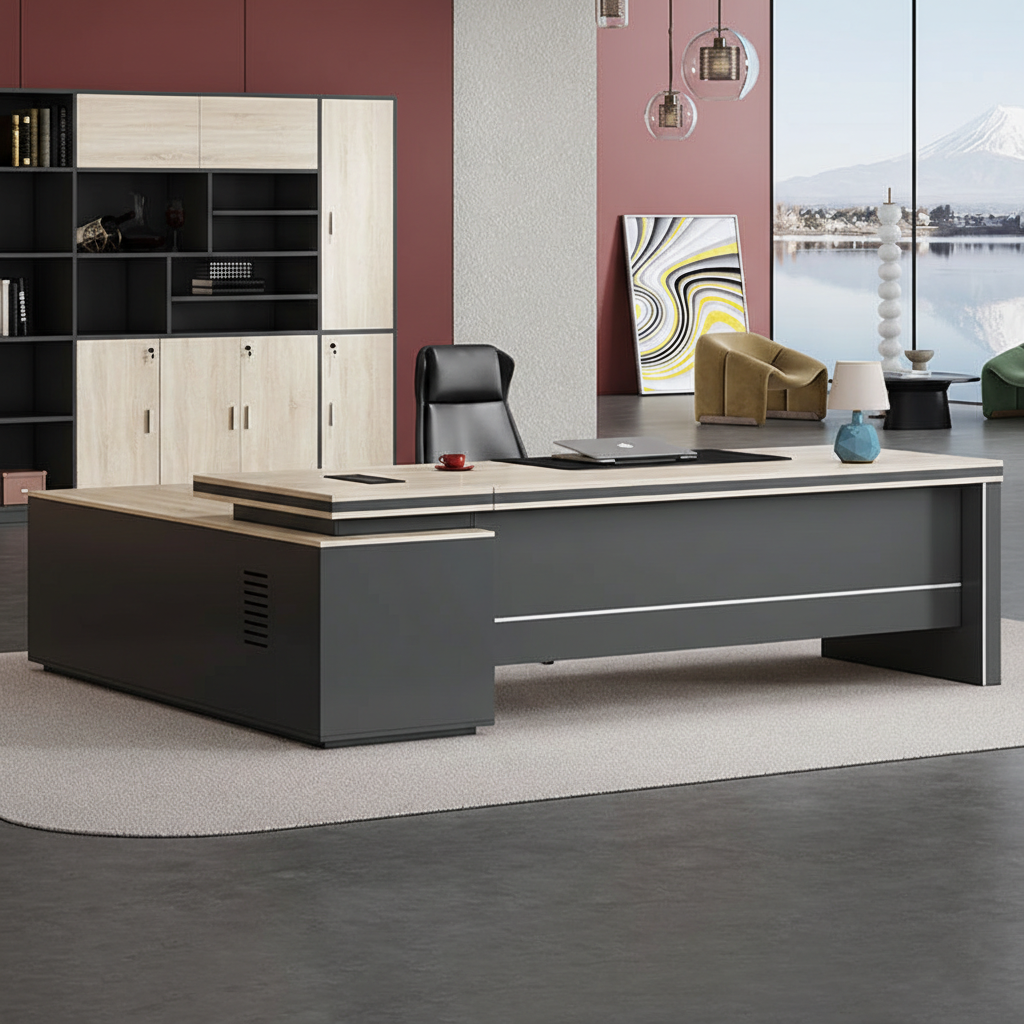 Luxury Modern L-Shape Director Table with Integrated Side Storage, Light Wood Finish, Open Shelves, Soft-Edge Panels & Spacious Executive Worktop