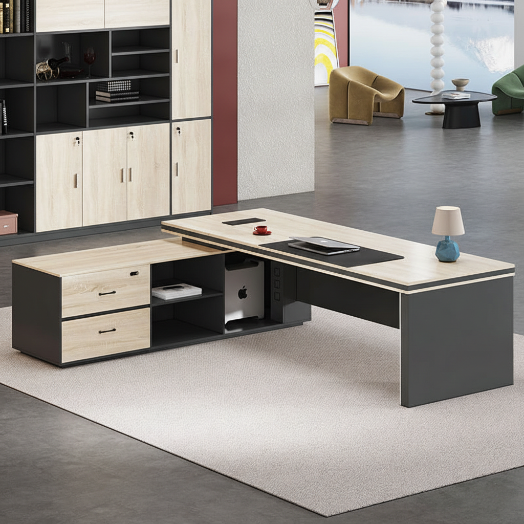 Luxury Modern L-Shape Director Table with Integrated Side Storage, Light Wood Finish, Open Shelves, Soft-Edge Panels & Spacious Executive Worktop