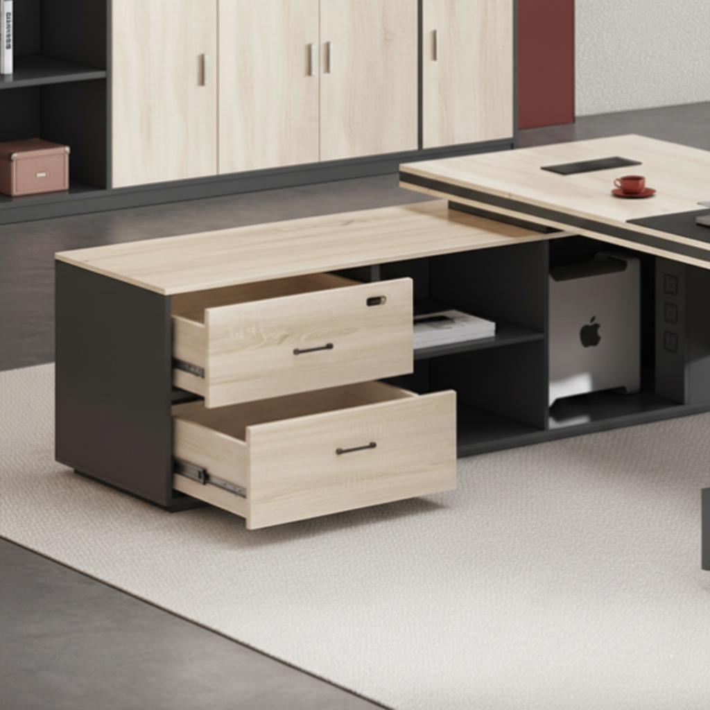 Luxury Modern L-Shape Director Table with Integrated Side Storage, Light Wood Finish, Open Shelves, Soft-Edge Panels & Spacious Executive Worktop